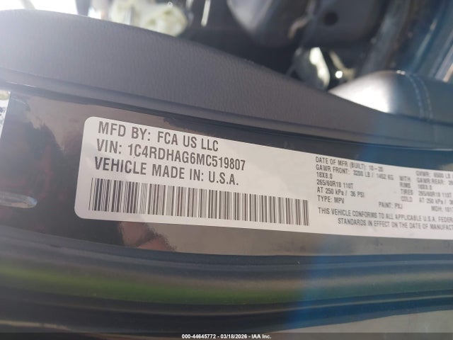 44645772 :رقم المزاد ، 1C4RDHAG6MC519807 vin ، 2021 Dodge Durango Sxt Plus Rwd مزاد بيع