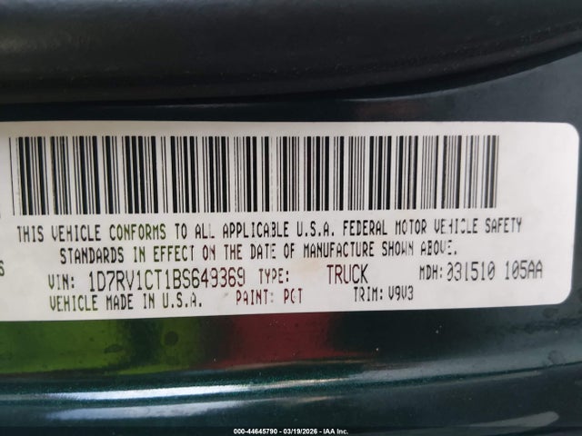 Продажа на аукционе авто 2011 Ram Ram 1500 Slt, vin: 1D7RV1CT1BS649369, номер лота: 44645790