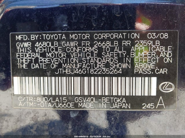 Продаж на аукціоні авто 2008 Lexus Es 350, vin: JTHBJ46G182235264, номер лоту: 44645818