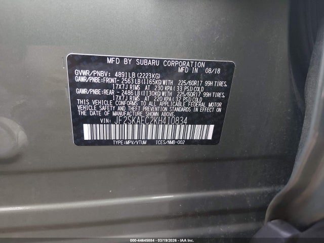 Продаж на аукціоні авто 2019 Subaru Forester Premium, vin: JF2SKAEC2KH410834, номер лоту: 44645884
