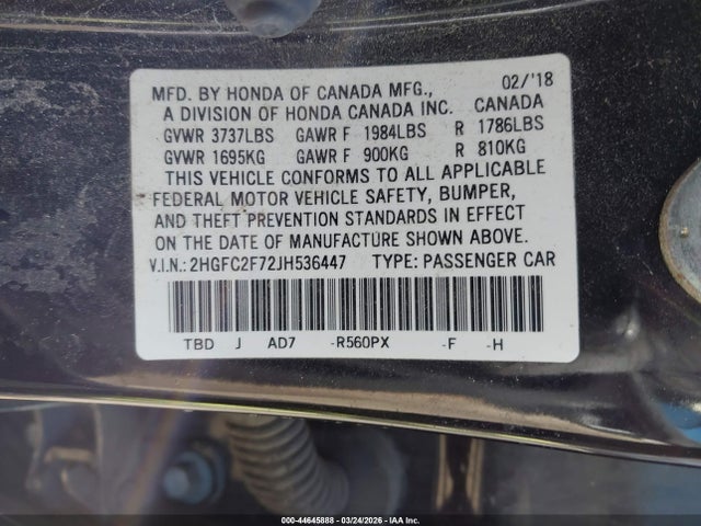 2018 Honda Civic Ex მანქანა იყიდება აუქციონზე, vin: 2HGFC2F72JH536447, აუქციონის ნომერი: 44645888