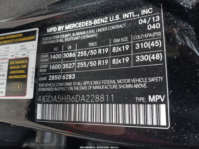 Aukcja sprzedaży 2013 Mercedes-benz Ml 350 4matic, vin: 4JGDA5HB6DA228811, numer aukcji: 44645914