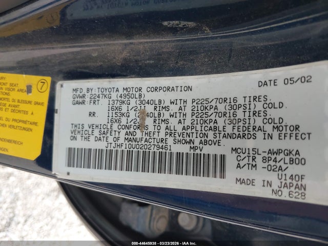 Aukcja sprzedaży 2002 Lexus Rx 300, vin: JTJHF10U020279461, numer aukcji: 44645938