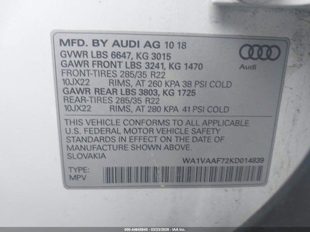 2019 Audi Q7 55 Premium მანქანა იყიდება აუქციონზე, vin: WA1VAAF72KD014839, აუქციონის ნომერი: 44645940