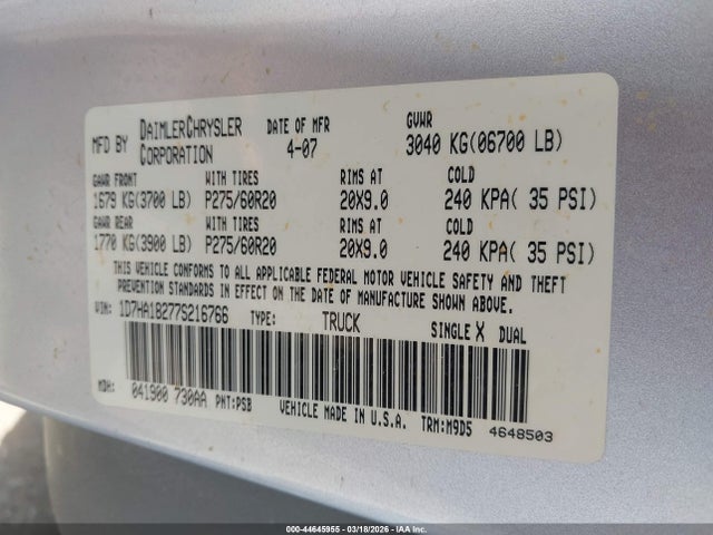 Aukcja sprzedaży 2007 Dodge Ram 1500 Slt, vin: 1D7HA18277S216766, numer aukcji: 44645955