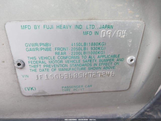 44645965 :رقم المزاد ، JF1SG63685H727246 vin ، 2005 Subaru Forester 2.5x مزاد بيع