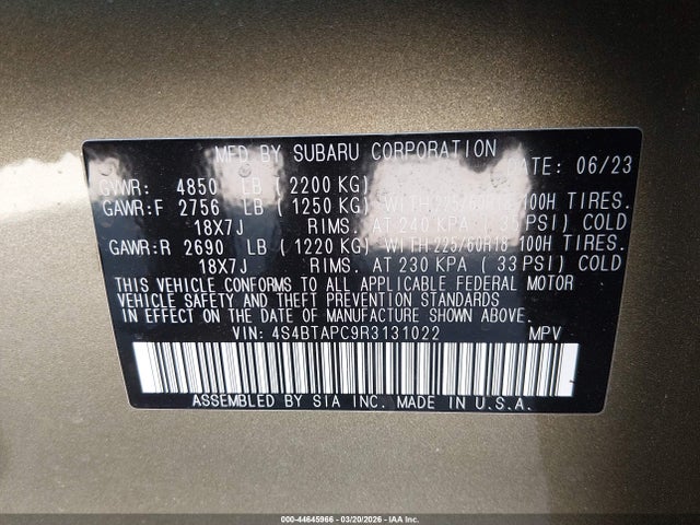 4S4BTAPC9R3131022 Subaru Outback Touring