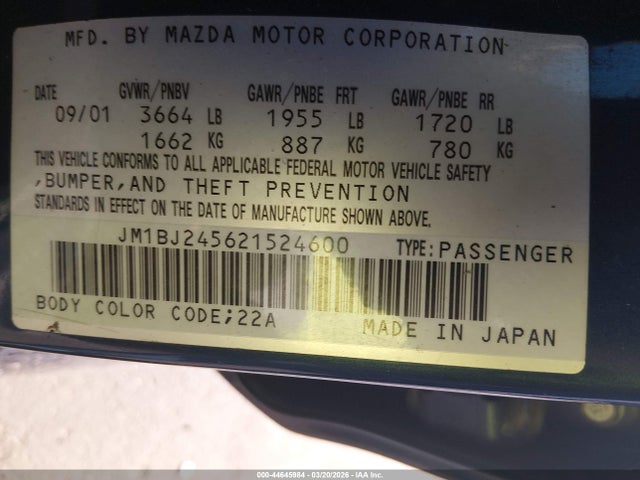Продаж на аукціоні авто 2002 Mazda Protege5, vin: JM1BJ245621524600, номер лоту: 44645984