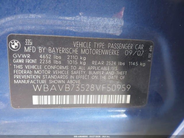 Продажа на аукционе авто 2008 Bmw 335i, vin: WBAVB73528VF50959, номер лота: 44646005