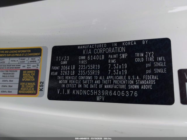 44646010 :رقم المزاد ، KNDNC5H39R6406376 vin ، 2024 Kia Carnival Mpv Ex مزاد بيع