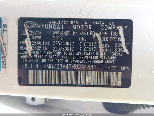44646013 :رقم المزاد ، KM8J23A47HU284843 vin ، 2017 Hyundai Tucson Se مزاد بيع