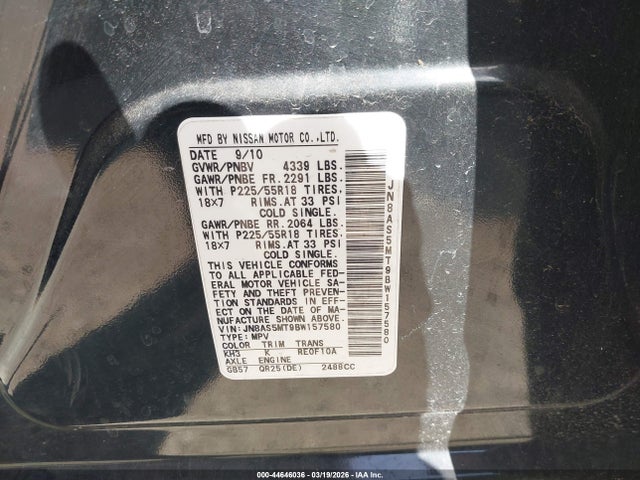 2011 Nissan Rogue Sv მანქანა იყიდება აუქციონზე, vin: JN8AS5MT9BW157580, აუქციონის ნომერი: 44646036