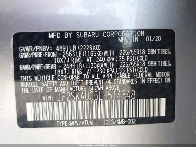 44646042 :رقم المزاد ، JF2SKAUC5LH514348 vin ، 2020 Subaru Forester Limited مزاد بيع