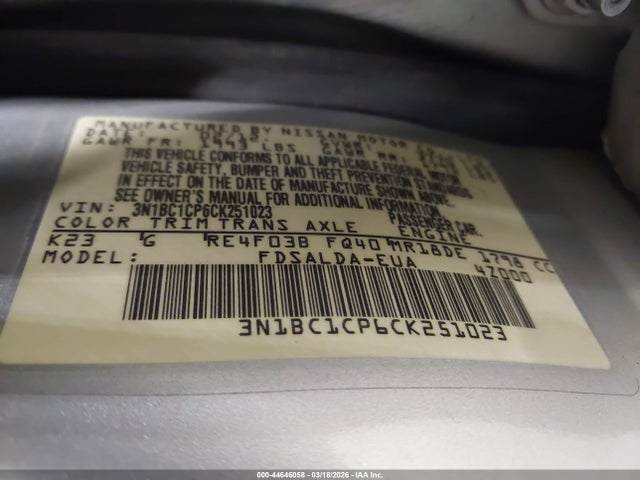Aukcja sprzedaży 2012 Nissan Versa 1.8 S, vin: 3N1BC1CP6CK251023, numer aukcji: 44646058