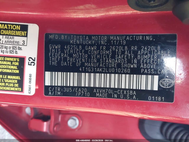 4T1G31AK2LU010260 Toyota Camry Se Hybrid