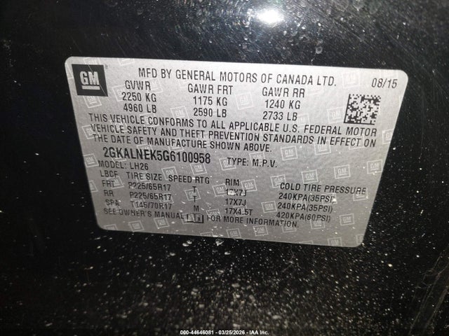 44646081 :رقم المزاد ، 2GKALNEK5G6100958 vin ، 2016 Gmc Terrain Sle-2 مزاد بيع
