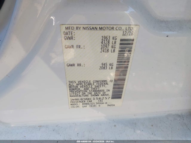 1N4BL4CV6KC156257 Nissan Altima 2.5 Sr