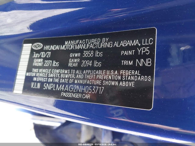 5NPLM4AG2NH053717 Hyundai ELANTRA SEL