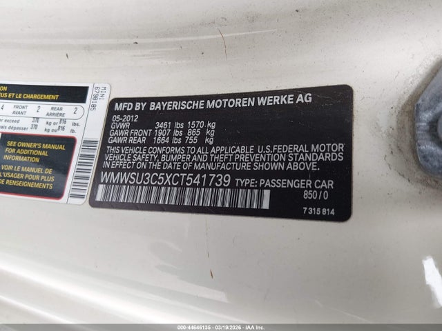 Продажа на аукционе авто 2012 Mini Cooper, vin: WMWSU3C5XCT541739, номер лота: 44646135