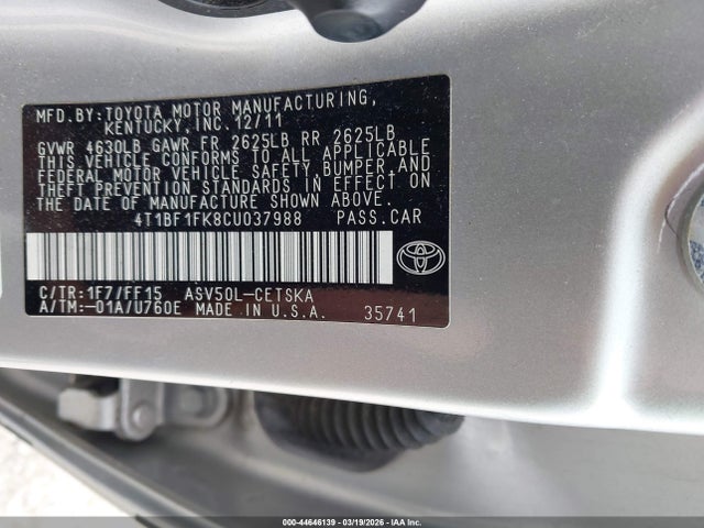 Aukcja sprzedaży 2012 Toyota Camry Se, vin: 4T1BF1FK8CU037988, numer aukcji: 44646139