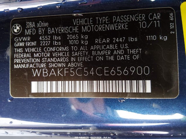 2012 Bmw 328i Xdrive მანქანა იყიდება აუქციონზე, vin: WBAKF5C54CE656900, აუქციონის ნომერი: 44646175