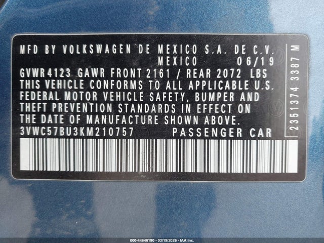 Продаж на аукціоні авто 2019 Volkswagen Jetta 1.4t R-line/1.4t S/1.4t Se, vin: 3VWC57BU3KM210757, номер лоту: 44646180