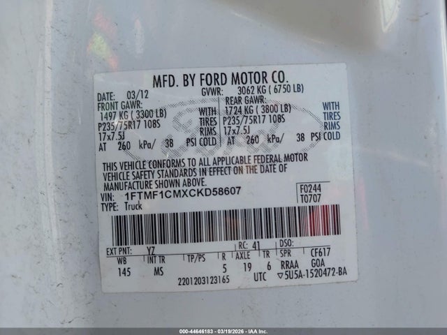 44646183 :رقم المزاد ، 1FTMF1CMXCKD58607 vin ، 2012 Ford F-150 Xlt مزاد بيع