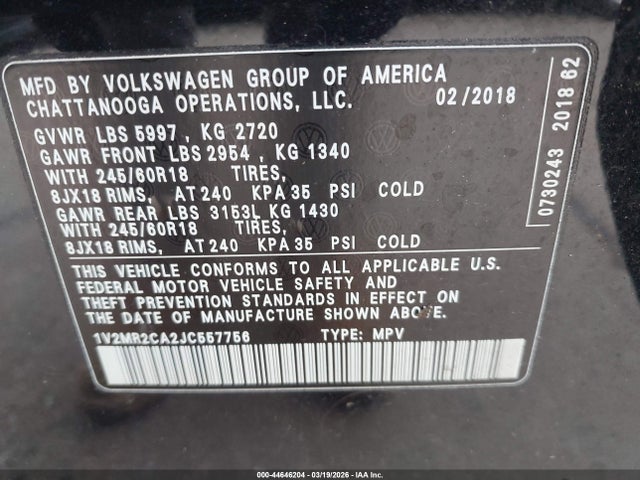 Aukcja sprzedaży 2018 Volkswagen Atlas 3.6l V6 Sel, vin: 1V2MR2CA2JC557756, numer aukcji: 44646204