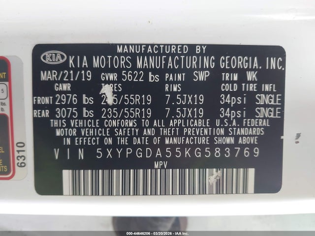 Продажа на аукционе авто 2019 Kia Sorento 3.3l S, vin: 5XYPGDA55KG583769, номер лота: 44646206