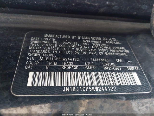 44646215 :رقم المزاد ، JN1BJ1CP5KW244122 vin ، 2019 Nissan Rogue Sport Sv مزاد بيع