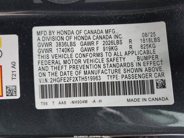 2026 Honda Civic Lx მანქანა იყიდება აუქციონზე, vin: 2HGFE2F2XTH519963, აუქციონის ნომერი: 44646225