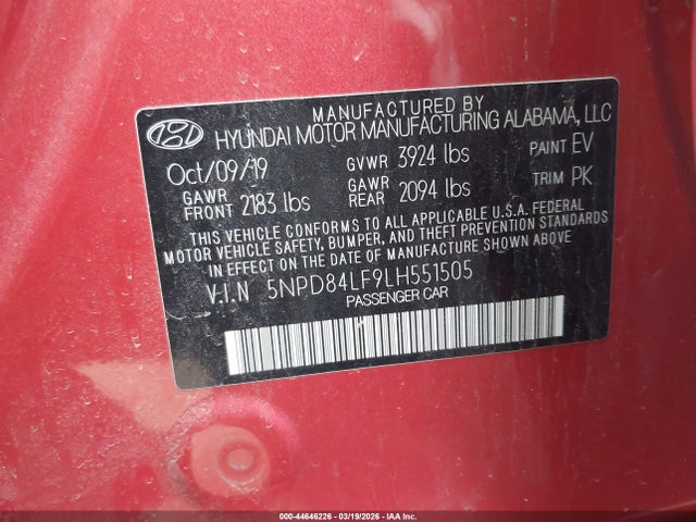 44646226 :رقم المزاد ، 5NPD84LF9LH551505 vin ، 2020 Hyundai Elantra Value Edition مزاد بيع