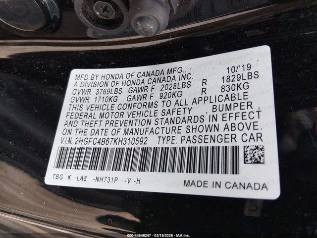Honda Civic Lx 2019 2HGFC4B67KH310592 Image 9