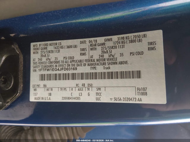 Продаж на аукціоні авто 2018 Ford F-150 Xlt, vin: 1FTFW1EG4JFD03169, номер лоту: 44646248