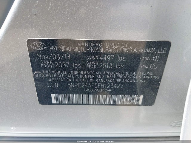 5NPE24AF5FH123427 Hyundai SONATA SE