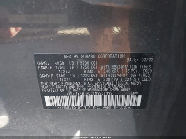 2022 Subaru Outback Premium მანქანა იყიდება აუქციონზე, vin: 4S4BTACC8N3206339, აუქციონის ნომერი: 44646284