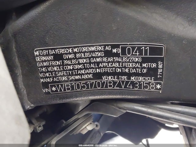 2011 Bmw S 1000 Rr მანქანა იყიდება აუქციონზე, vin: WB1051707BZV43158, აუქციონის ნომერი: 44646300