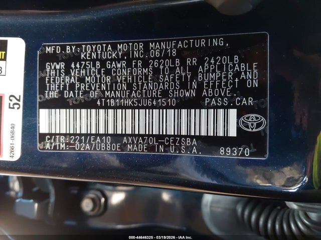 4T1B11HK5JU641510 Toyota CAMRY SE