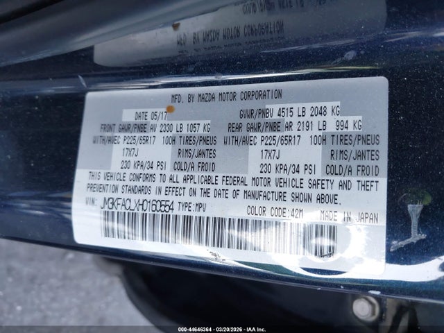 Aukcja sprzedaży 2017 Mazda Cx-5 Touring, vin: JM3KFACLXH0160554, numer aukcji: 44646364