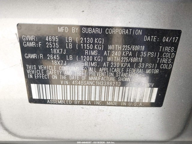 44646387 :رقم المزاد ، 4S4BSANC1H3388213 vin ، 2017 Subaru Outback 2.5i Limited مزاد بيع