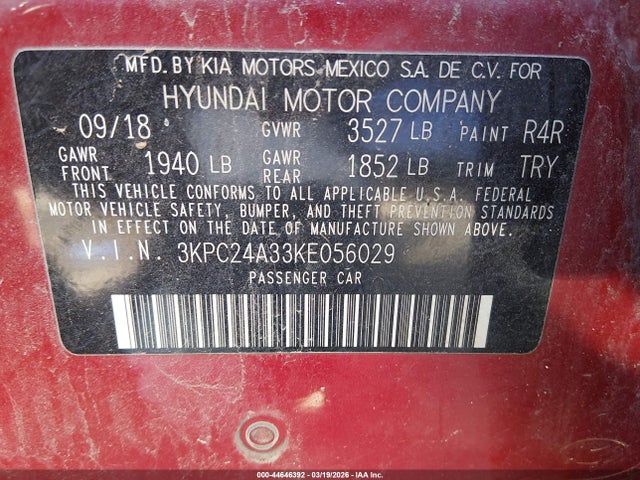 44646392 :رقم المزاد ، 3KPC24A33KE056029 vin ، 2019 Hyundai Accent Se مزاد بيع