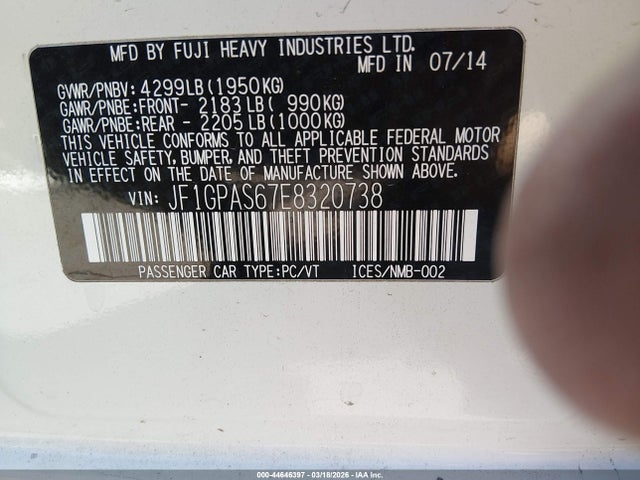 44646397 :رقم المزاد ، JF1GPAS67E8320738 vin ، 2014 Subaru Impreza 2.0i Sport Limited مزاد بيع