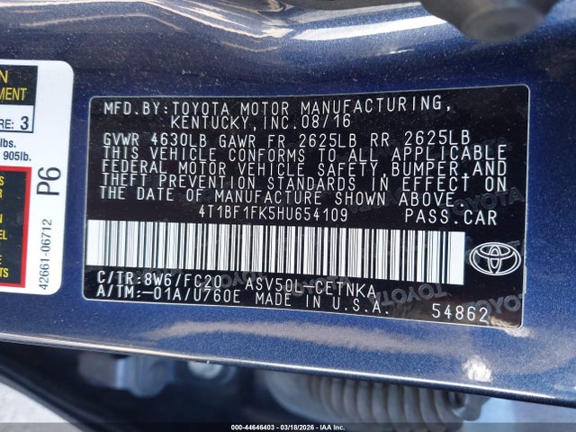 2017 Toyota Camry Le მანქანა იყიდება აუქციონზე, vin: 4T1BF1FK5HU654109, აუქციონის ნომერი: 44646403