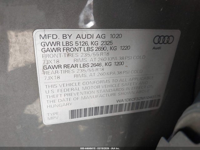 Aukcja sprzedaży 2021 Audi Q3 Premium 45 Tfsi S Line Quattro Tiptronic, vin: WA1DECF32M1040175, numer aukcji: 44646415