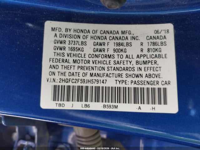 Honda Civic Lx 2018 2HGFC2F59JH579147 Image 9
