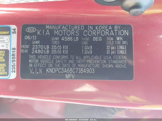 Aukcja sprzedaży 2012 Kia Sportage Sx, vin: KNDPC3A68C7184903, numer aukcji: 44646445