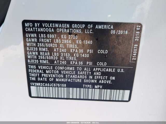 Aukcja sprzedaży 2018 Volkswagen Atlas 3.6l V6 Sel Premium, vin: 1V2NR2CA0JC575158, numer aukcji: 44646456