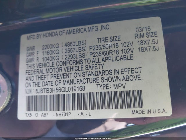 5J8TB3H56GL019168 Acura Rdx Technology Acurawatch Plus Packages/technology Package