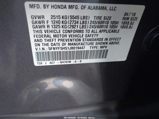 5FNYF5H51JB019447 Honda Pilot Ex-l