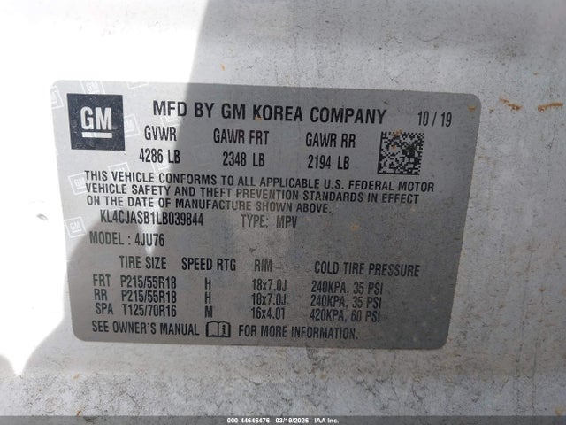 44646476 :رقم المزاد ، KL4CJASB1LB039844 vin ، 2020 Buick Encore Fwd Preferred مزاد بيع